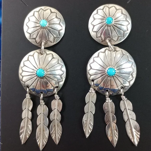 Sterling Silver and Turquoise / Feathers Dangle Earrings Native American - Picture 1 of 12